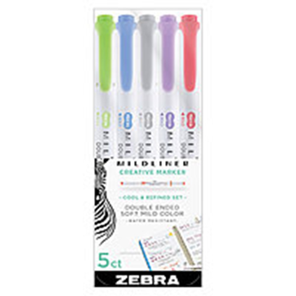 Zebra, Mildliner, Double Ended, Highlighter, Cool Colors, 5 Pack